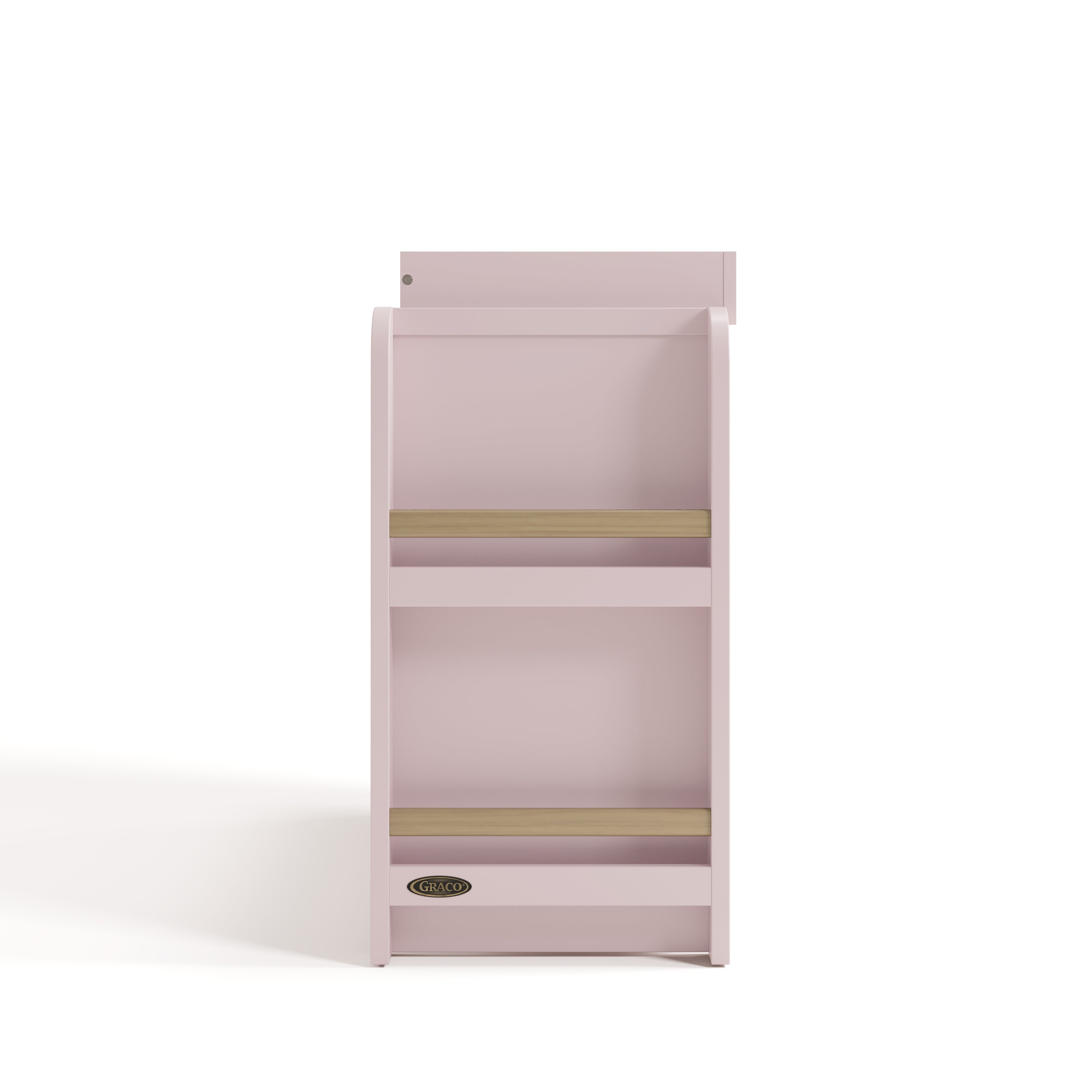 Side view of Read-with-Me 3 drawer chest with bookshelves and changing topper in blush with driftwood