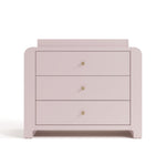 Front view of Read-with-Me 3 drawer chest with bookshelves and changing topper in blush with driftwood