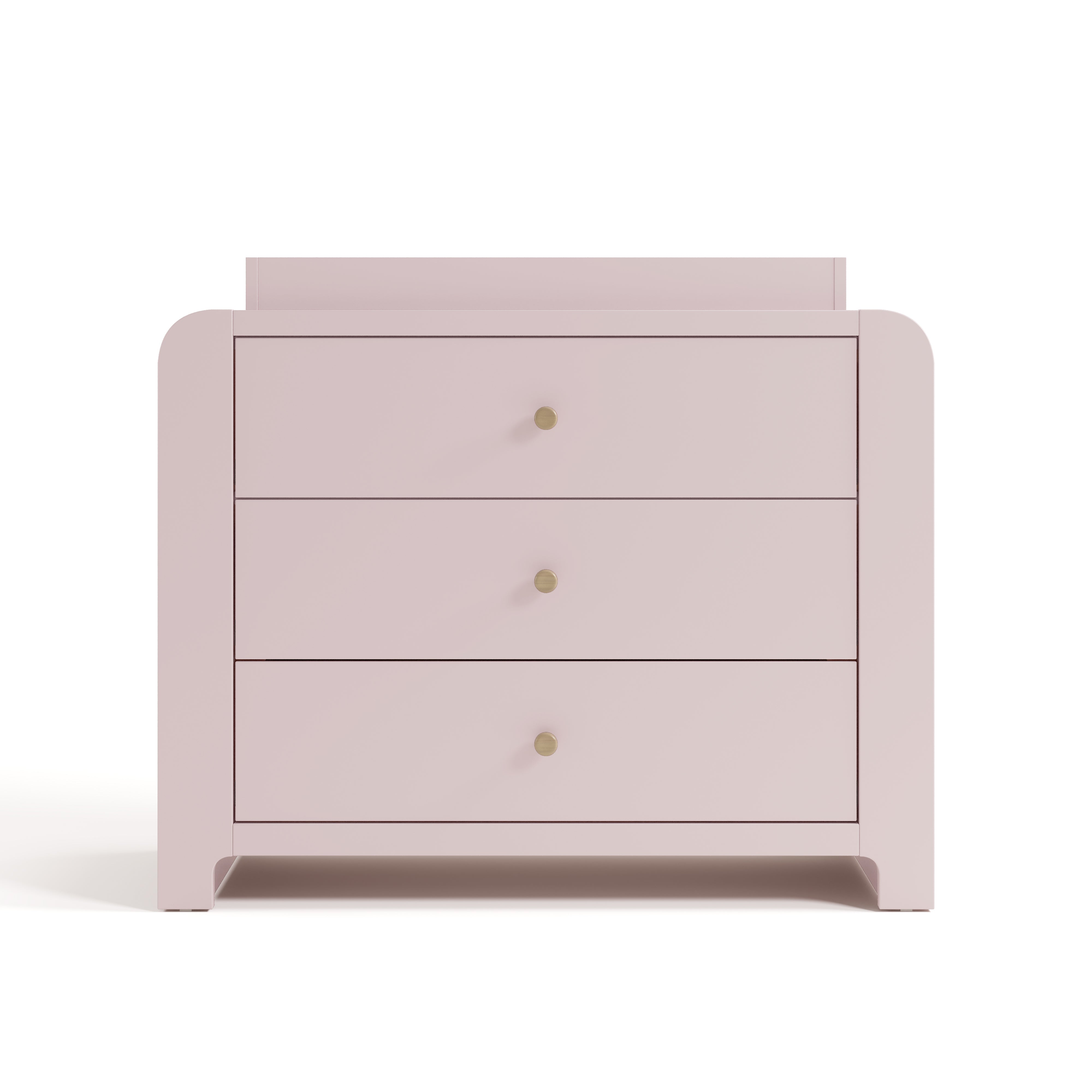 Front view of Read-with-Me 3 drawer chest with bookshelves and changing topper in blush with driftwood