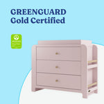 Read-with-Me 3 drawer chest with bookshelves and changing topper in blush with driftwood GREENGUARD Gold Certified callout