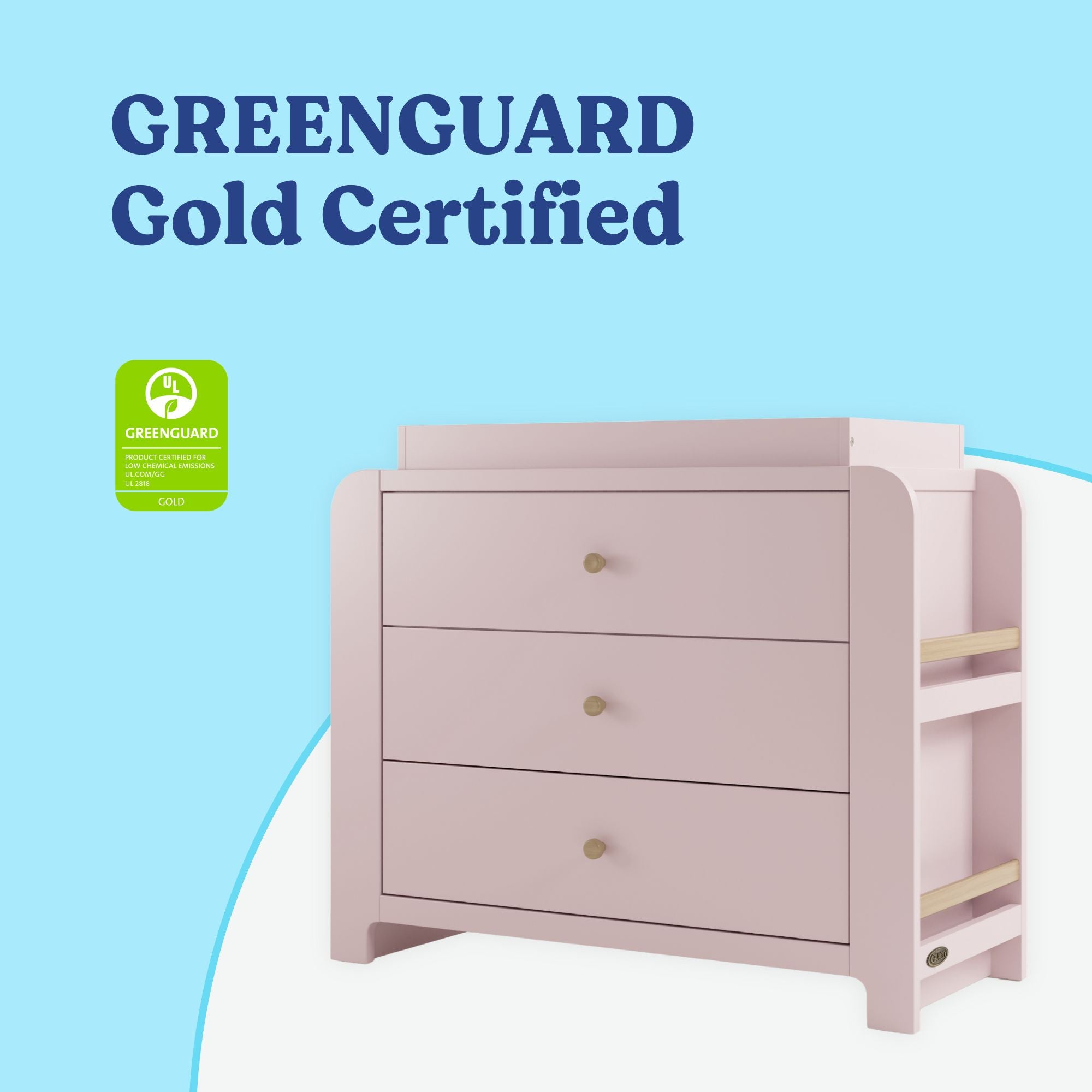Read-with-Me 3 drawer chest with bookshelves and changing topper in blush with driftwood GREENGUARD Gold Certified callout