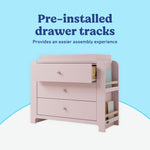 Read-with-Me 3 drawer chest with bookshelves and changing topper in blush with driftwood pre-installed drawer tracks callout