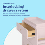 Read-with-Me 3 drawer chest with bookshelves and changing topper in blush with driftwood interlocking drawer callout