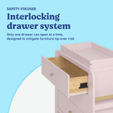 Read-with-Me 3 drawer chest with bookshelves and changing topper in blush with driftwood interlocking drawer callout