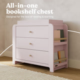 Read-with-Me 3 drawer chest with bookshelves and changing topper in blush with driftwood bookshelf callout