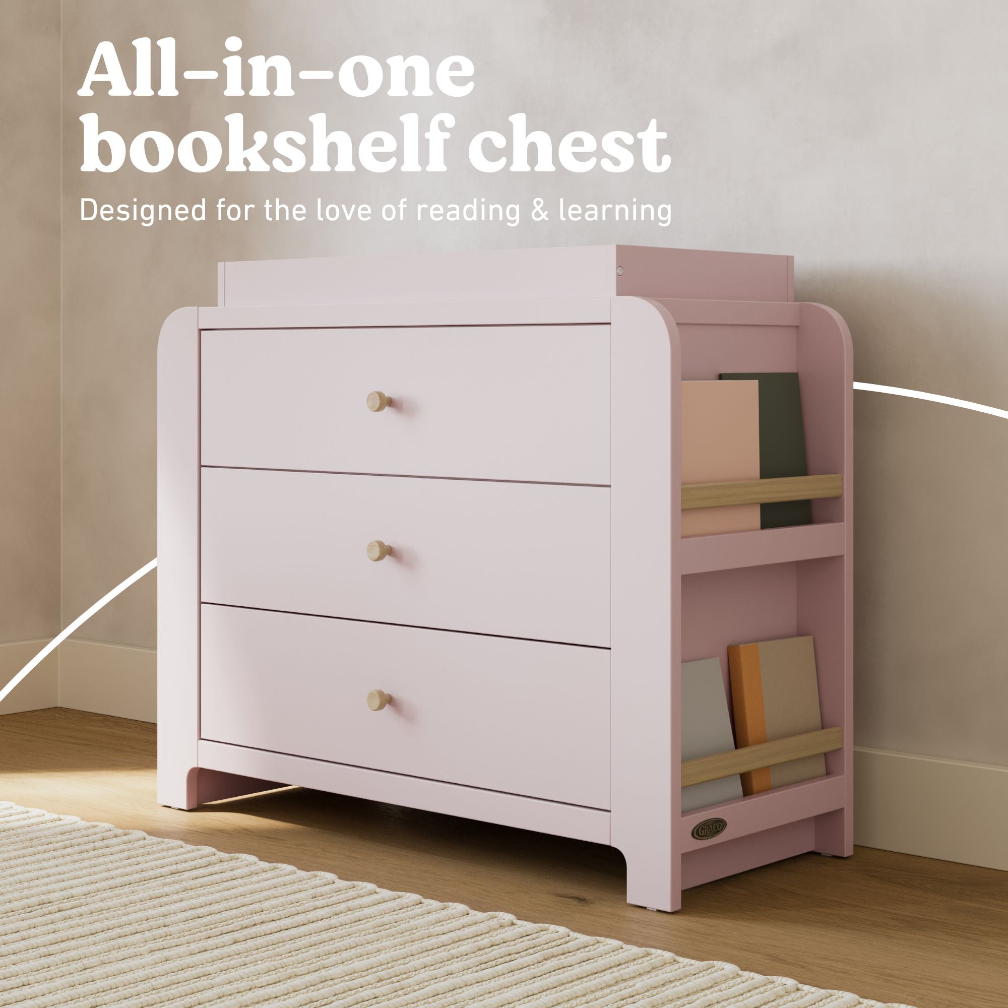 Read-with-Me 3 drawer chest with bookshelves and changing topper in blush with driftwood bookshelf callout