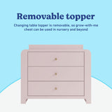 Read-with-Me 3 drawer chest with bookshelves and changing topper in blush with driftwood removable topper callout