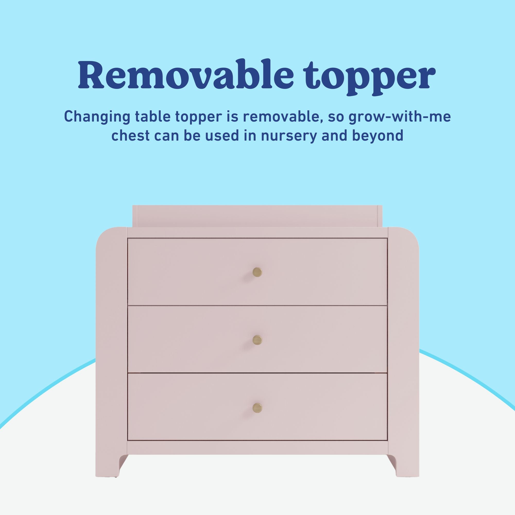 Read-with-Me 3 drawer chest with bookshelves and changing topper in blush with driftwood removable topper callout