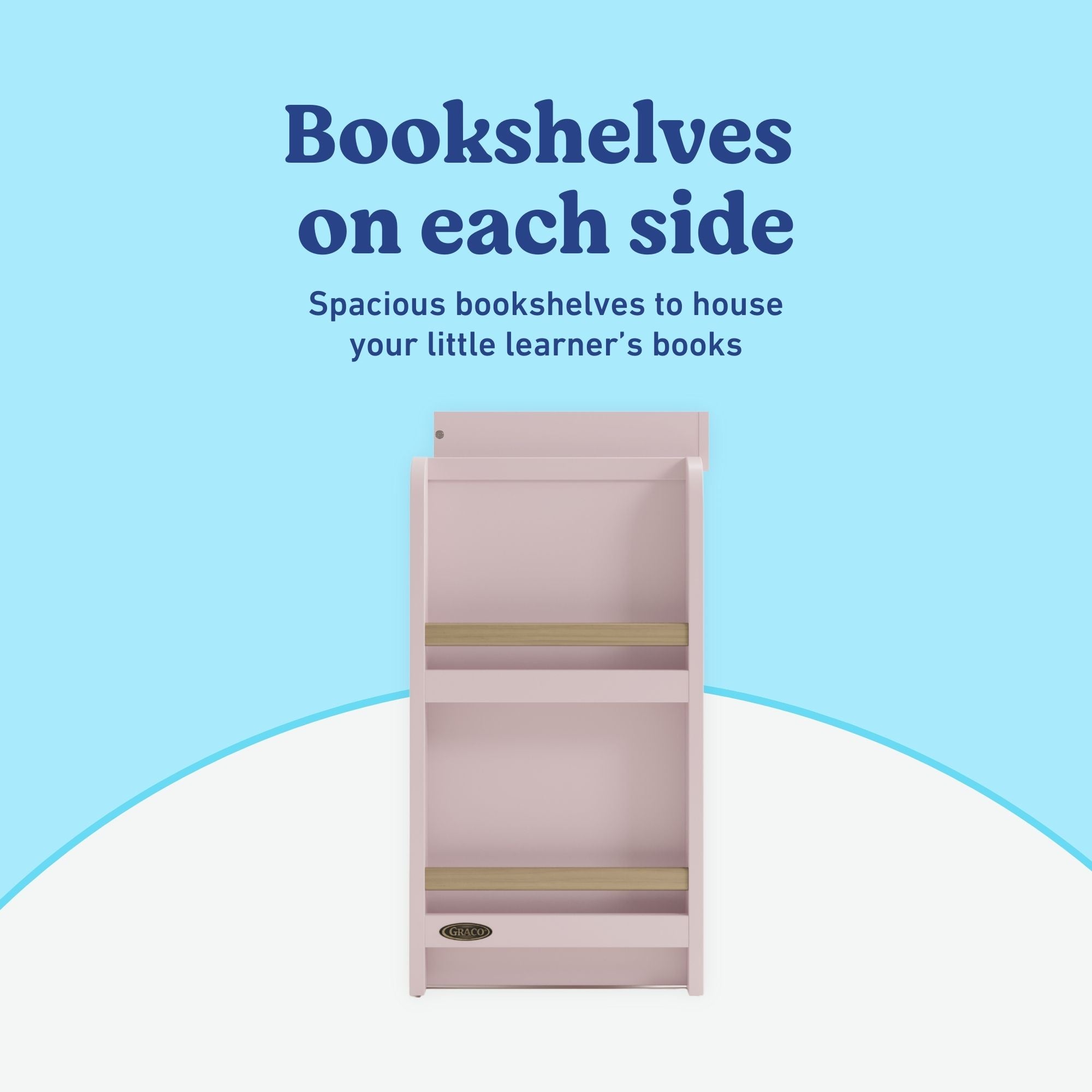 Read-with-Me 3 drawer chest with bookshelves and changing topper in blush with driftwood bookshelves callout