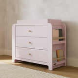 Read-with-Me 3 drawer chest with bookshelves and changing topper in blush with driftwood in nursery
