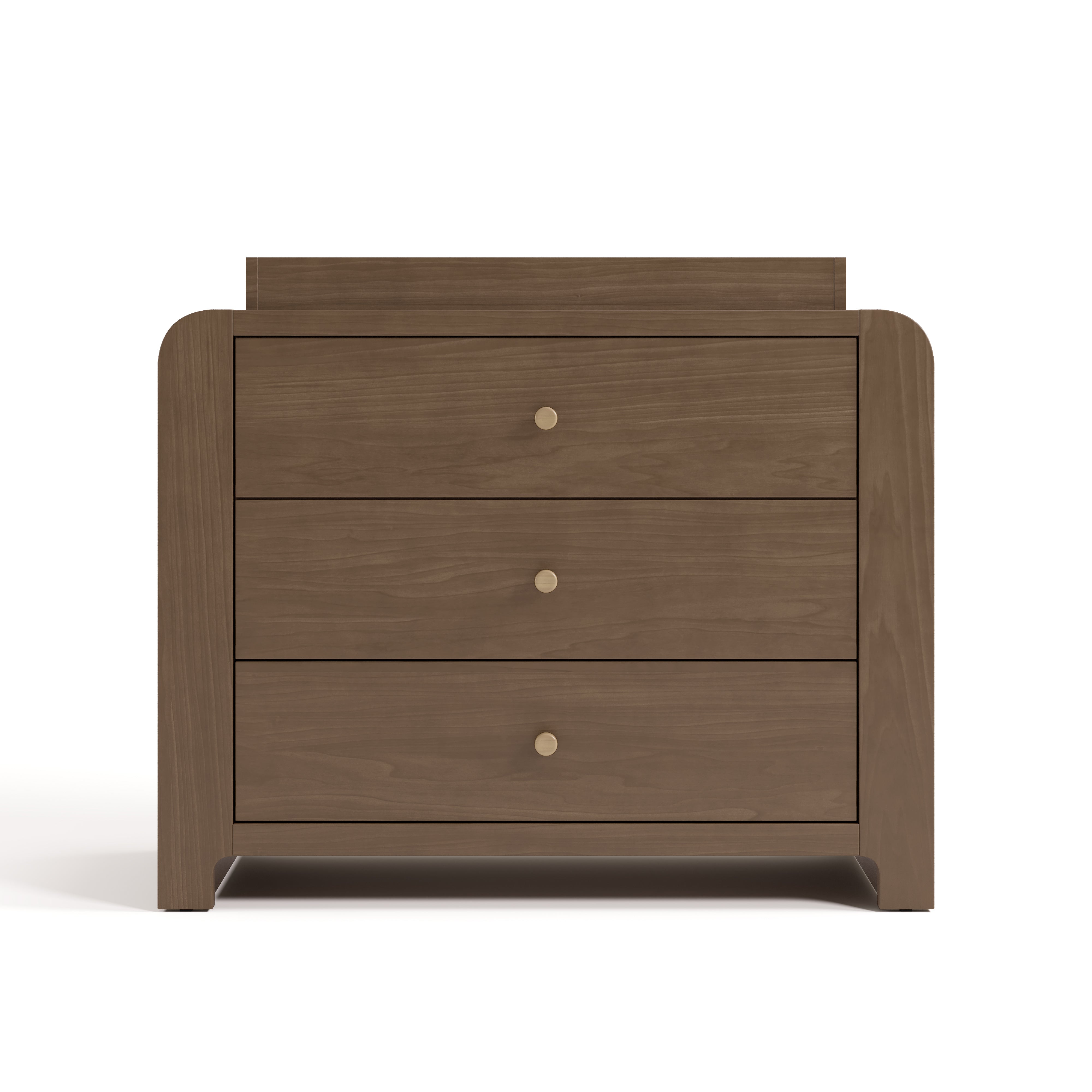 Front view of Read-with-Me 3 drawer chest with bookshelves and changing topper in hazelnut with driftwood