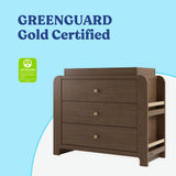 Read-with-Me 3 drawer chest with bookshelves and changing topper in hazelnut with driftwood GREENGUARD Gold Certified callout