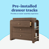 Read-with-Me 3 drawer chest with bookshelves and changing topper in hazelnut with driftwood pre-installed drawer tracks callout