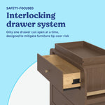 Read-with-Me 3 drawer chest with bookshelves and changing topper in hazelnut with driftwood interlocking drawer callout