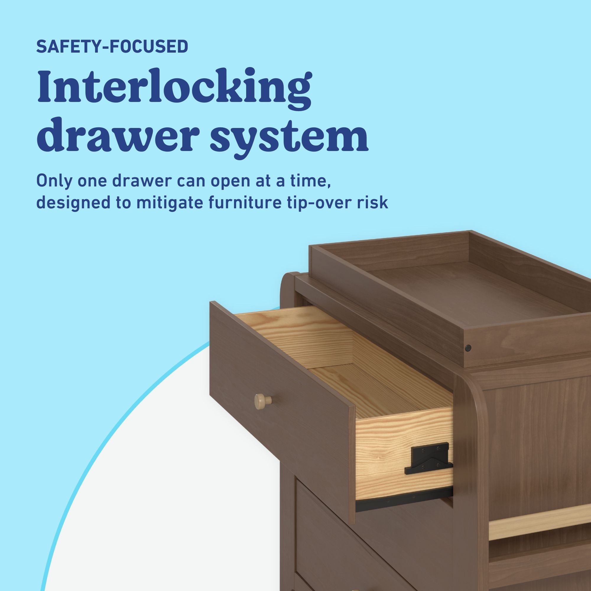 Read-with-Me 3 drawer chest with bookshelves and changing topper in hazelnut with driftwood interlocking drawer callout