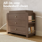 Read-with-Me 3 drawer chest with bookshelves and changing topper in hazelnut with driftwood bookshelf callout