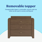 Read-with-Me 3 drawer chest with bookshelves and changing topper in hazelnut with driftwood removable topper callout