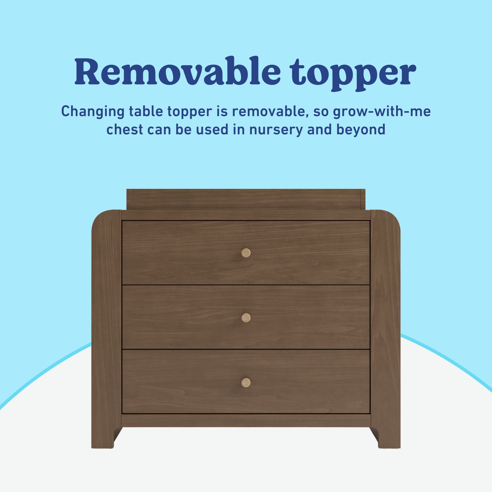 Read-with-Me 3 drawer chest with bookshelves and changing topper in hazelnut with driftwood removable topper callout