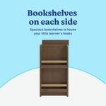 Read-with-Me 3 drawer chest with bookshelves and changing topper in hazelnut with driftwood bookshelves callout