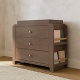 Read-with-Me 3 drawer chest with bookshelves and changing topper in hazelnut with driftwood in nursery
