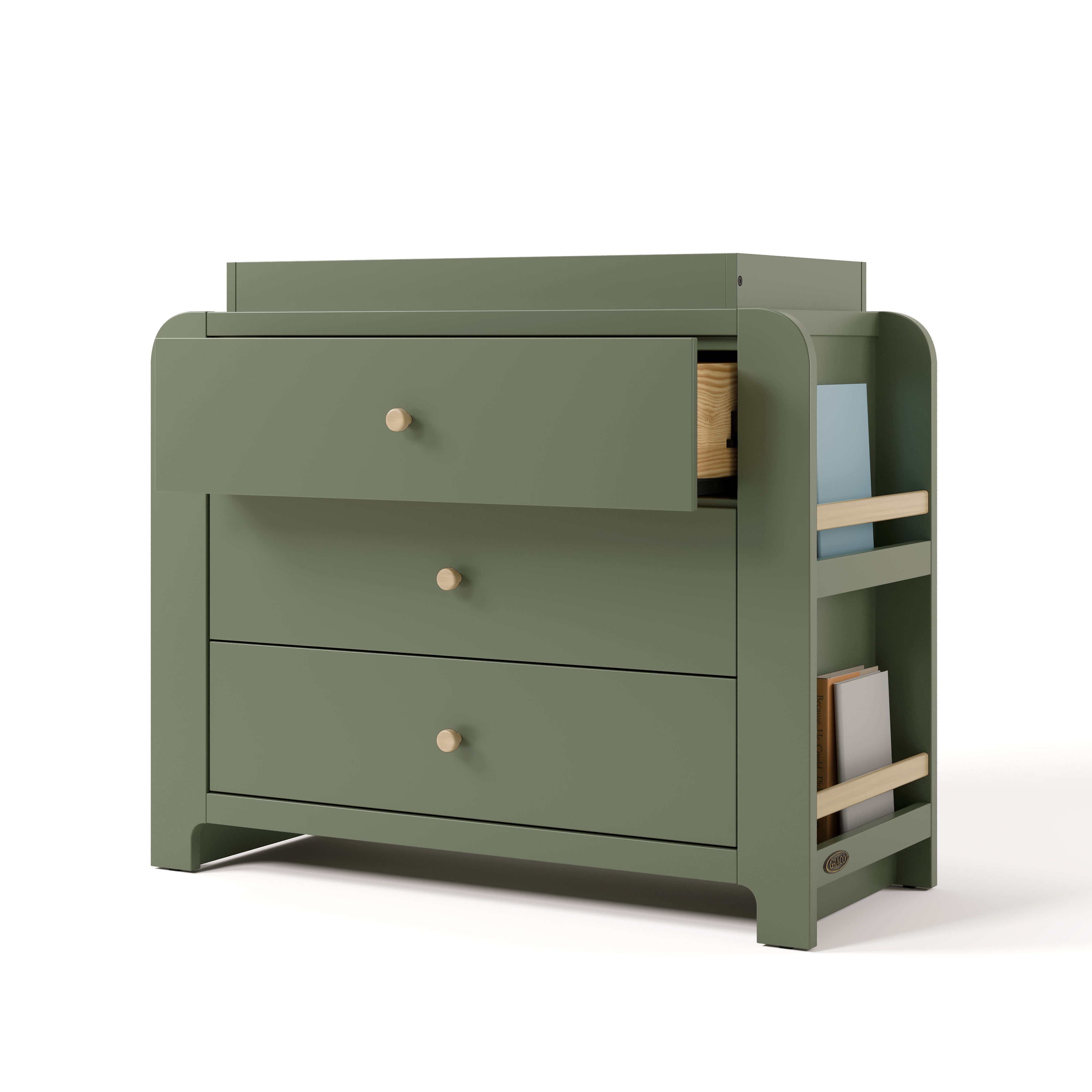 Angle view of Read-with-Me 3 drawer chest with bookshelves and changing topper in olive with driftwood with top drawer open