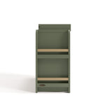 Side view of Read-with-Me 3 drawer chest with bookshelves and changing topper in olive with driftwood