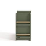 Side view of Read-with-Me 3 drawer chest with bookshelves and changing topper in olive with driftwood