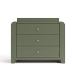 Front view of Read-with-Me 3 drawer chest with bookshelves and changing topper in olive with driftwood