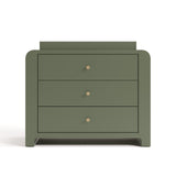 Front view of Read-with-Me 3 drawer chest with bookshelves and changing topper in olive with driftwood