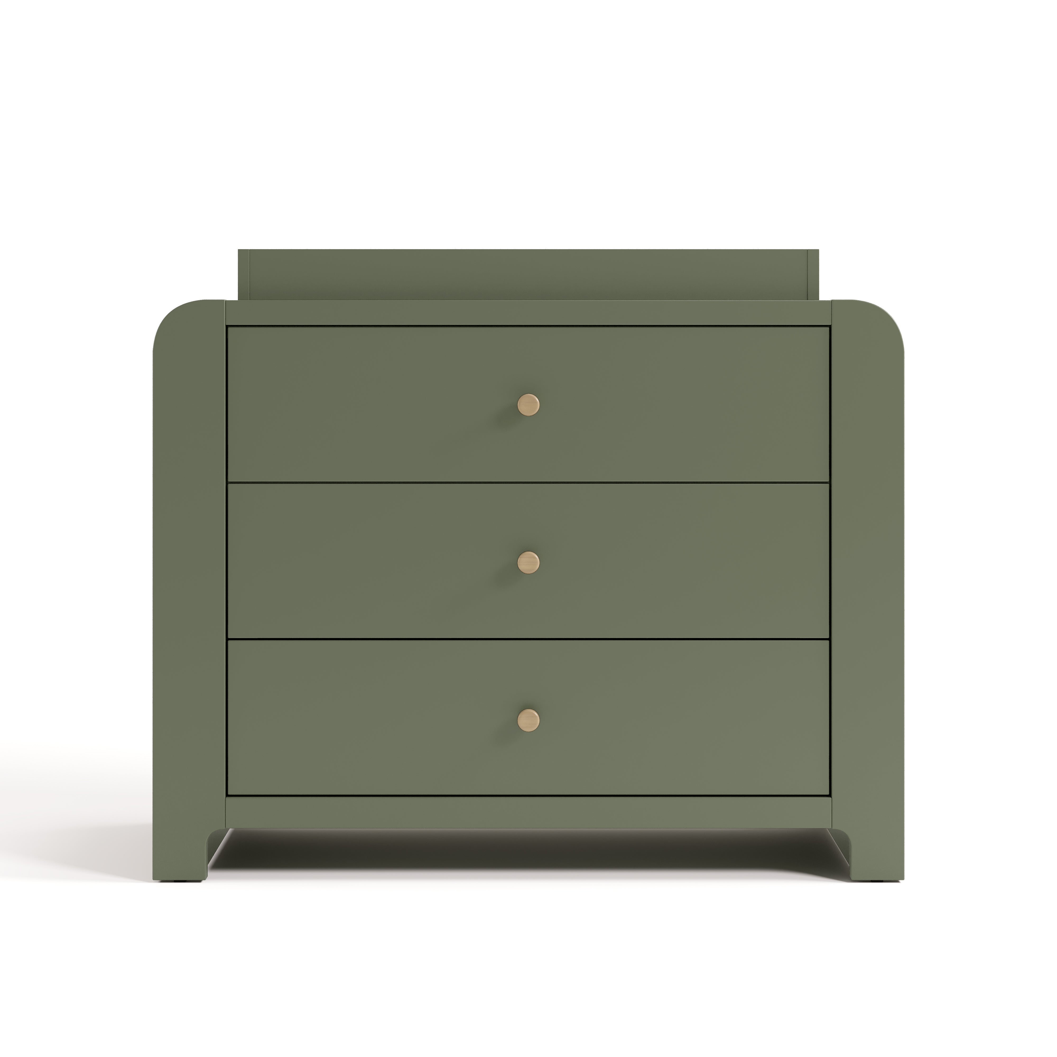 Front view of Read-with-Me 3 drawer chest with bookshelves and changing topper in olive with driftwood