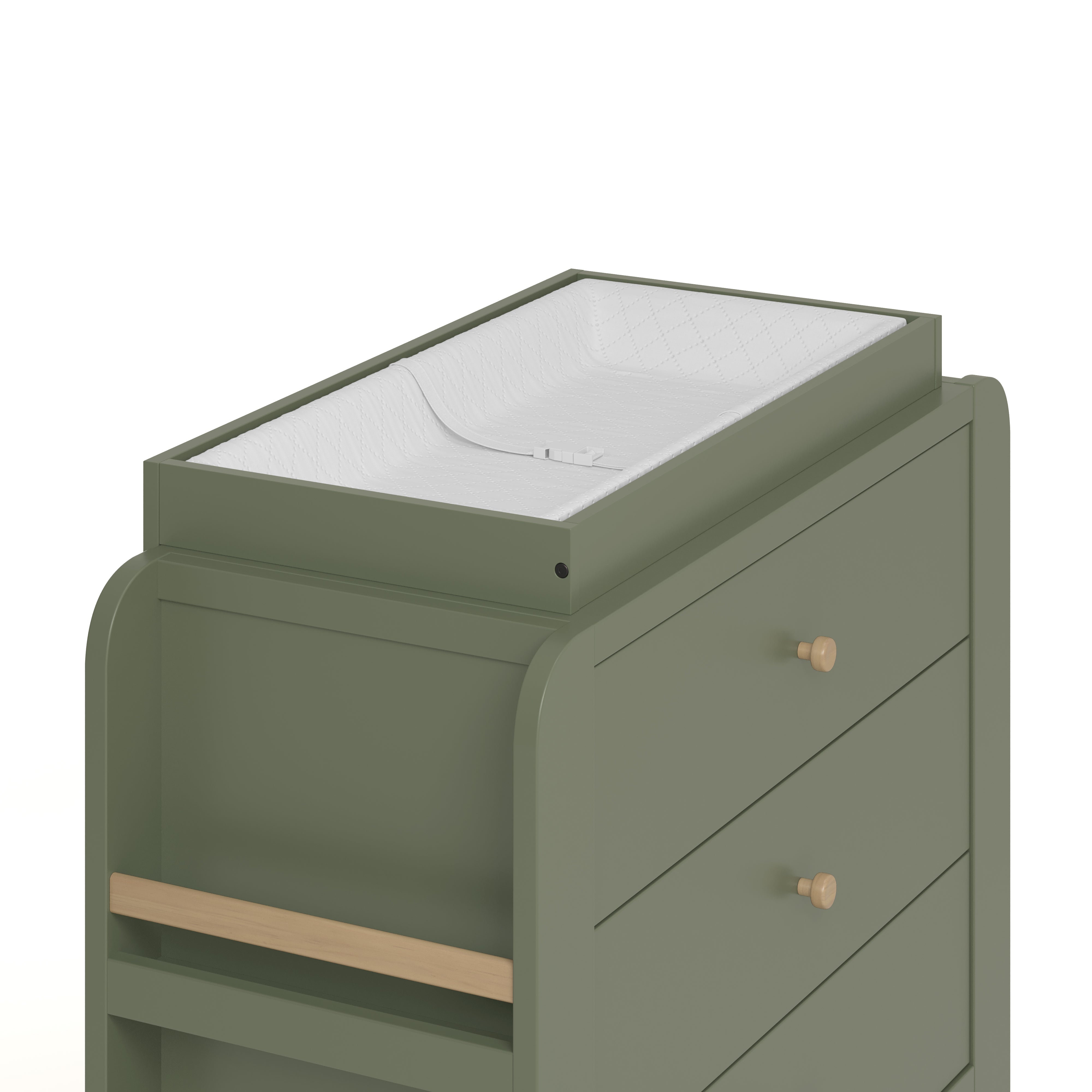 Close up view of Read-with-Me 3 drawer chest's changing topper in olive with driftwood with changing pad
