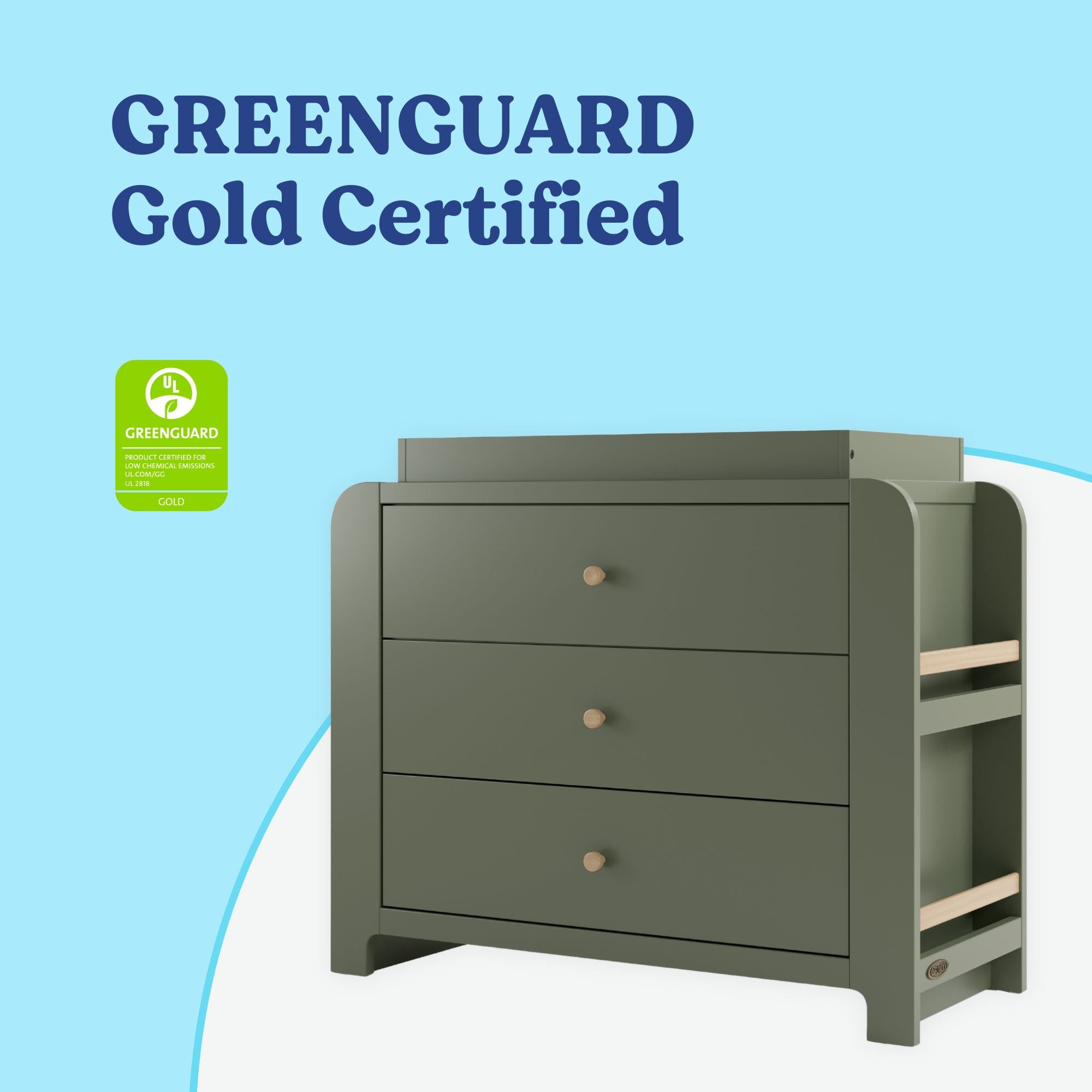 Read-with-Me 3 drawer chest with bookshelves and changing topper in olive with driftwood GREENGUARD Gold Certified callout