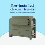 Read-with-Me 3 drawer chest with bookshelves and changing topper in olive with driftwood pre-installed drawer tracks callout