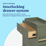 Read-with-Me 3 drawer chest with bookshelves and changing topper in olive with driftwood interlocking drawer callout