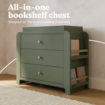 Read-with-Me 3 drawer chest with bookshelves and changing topper in olive with driftwood bookshelf callout