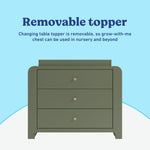 Read-with-Me 3 drawer chest with bookshelves and changing topper in olive with driftwood removable topper callout