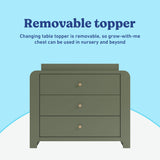 Read-with-Me 3 drawer chest with bookshelves and changing topper in olive with driftwood removable topper callout