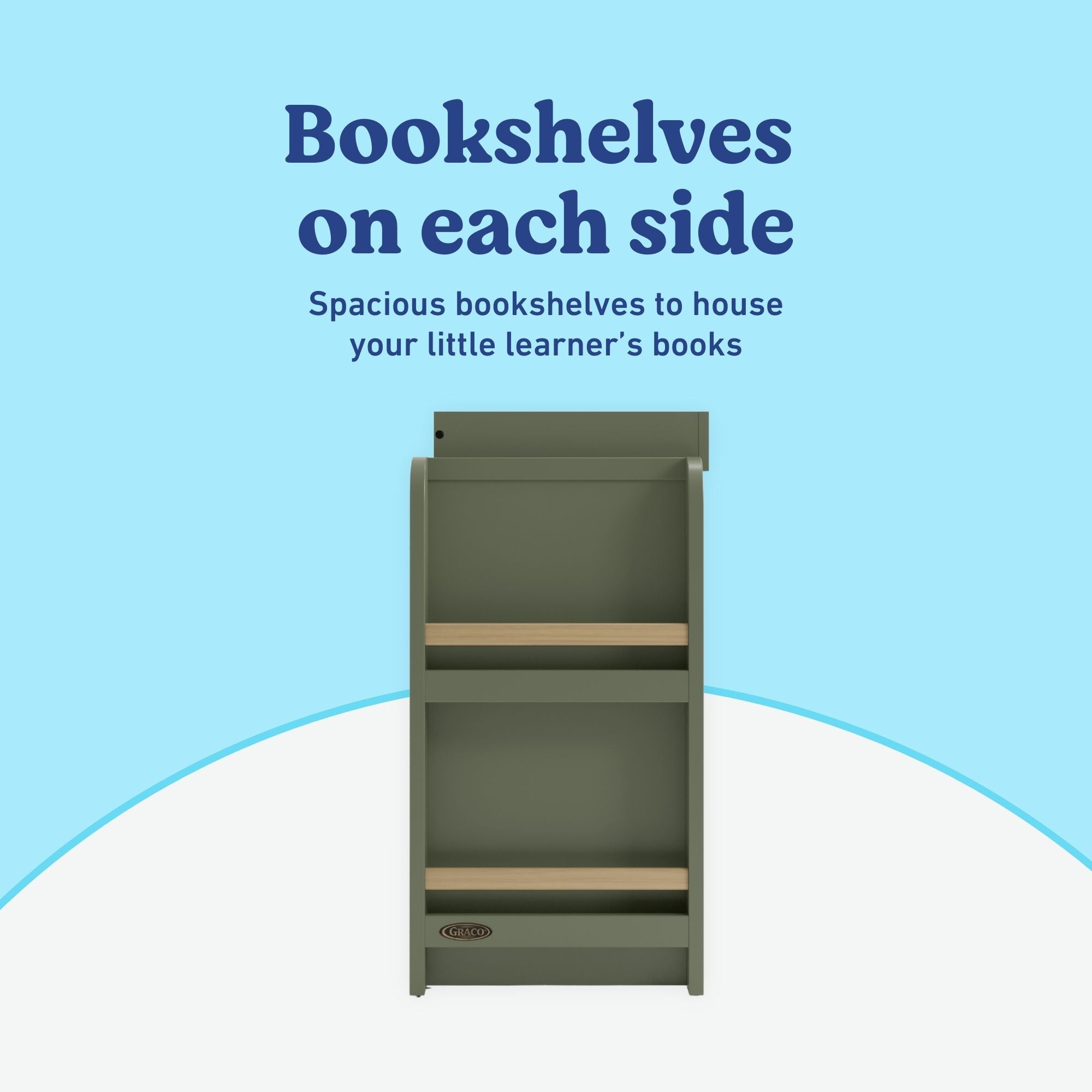 Read-with-Me 3 drawer chest with bookshelves and changing topper in olive with driftwood bookshelves callout