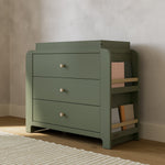Read-with-Me 3 drawer chest with bookshelves and changing topper in olive with driftwood in nursery