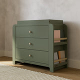 Read-with-Me 3 drawer chest with bookshelves and changing topper in olive with driftwood in nursery