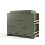 Angle view of Read-with-Me 3 drawer chest with bookshelves and changing topper in olive with driftwood
