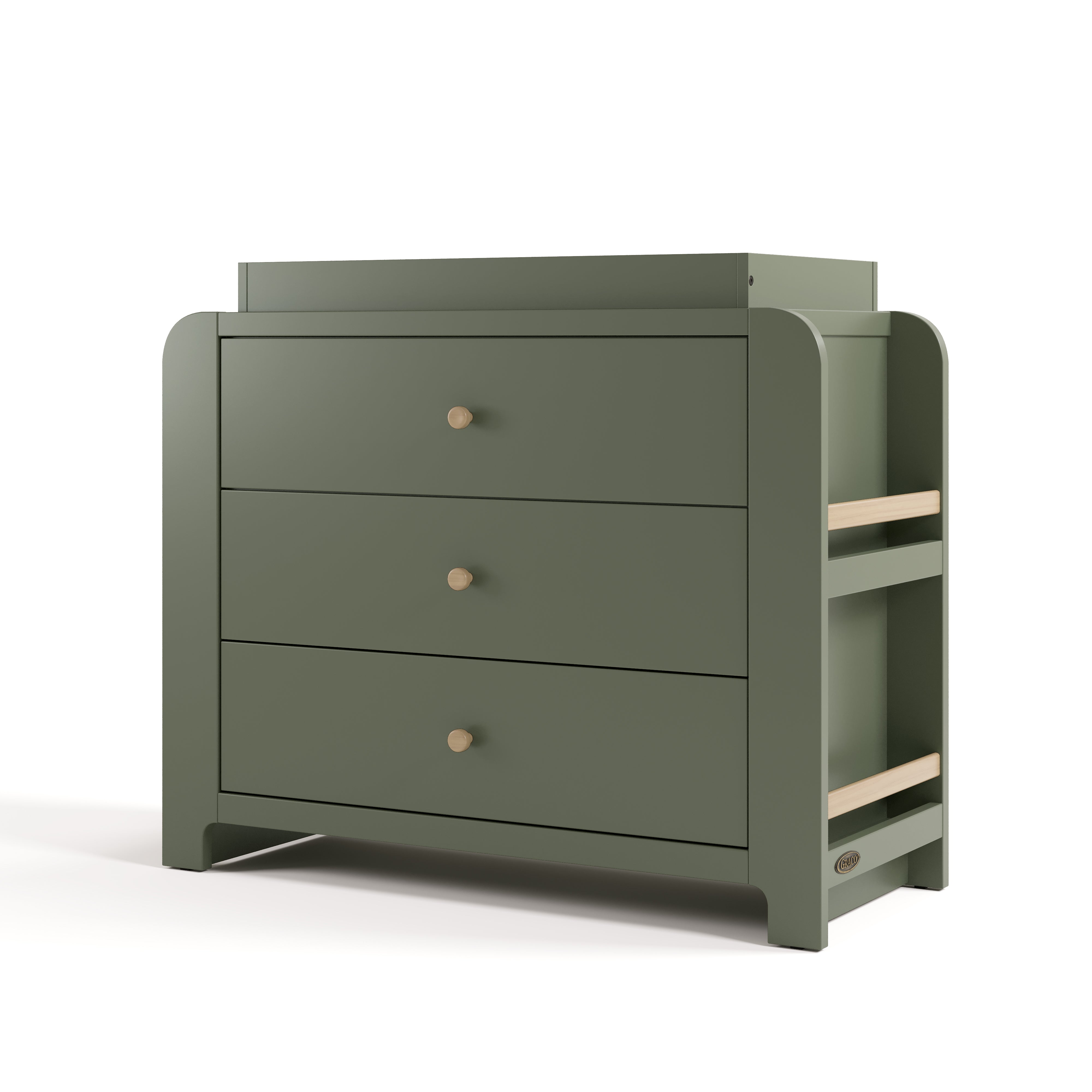 Angle view of Read-with-Me 3 drawer chest with bookshelves and changing topper in olive with driftwood