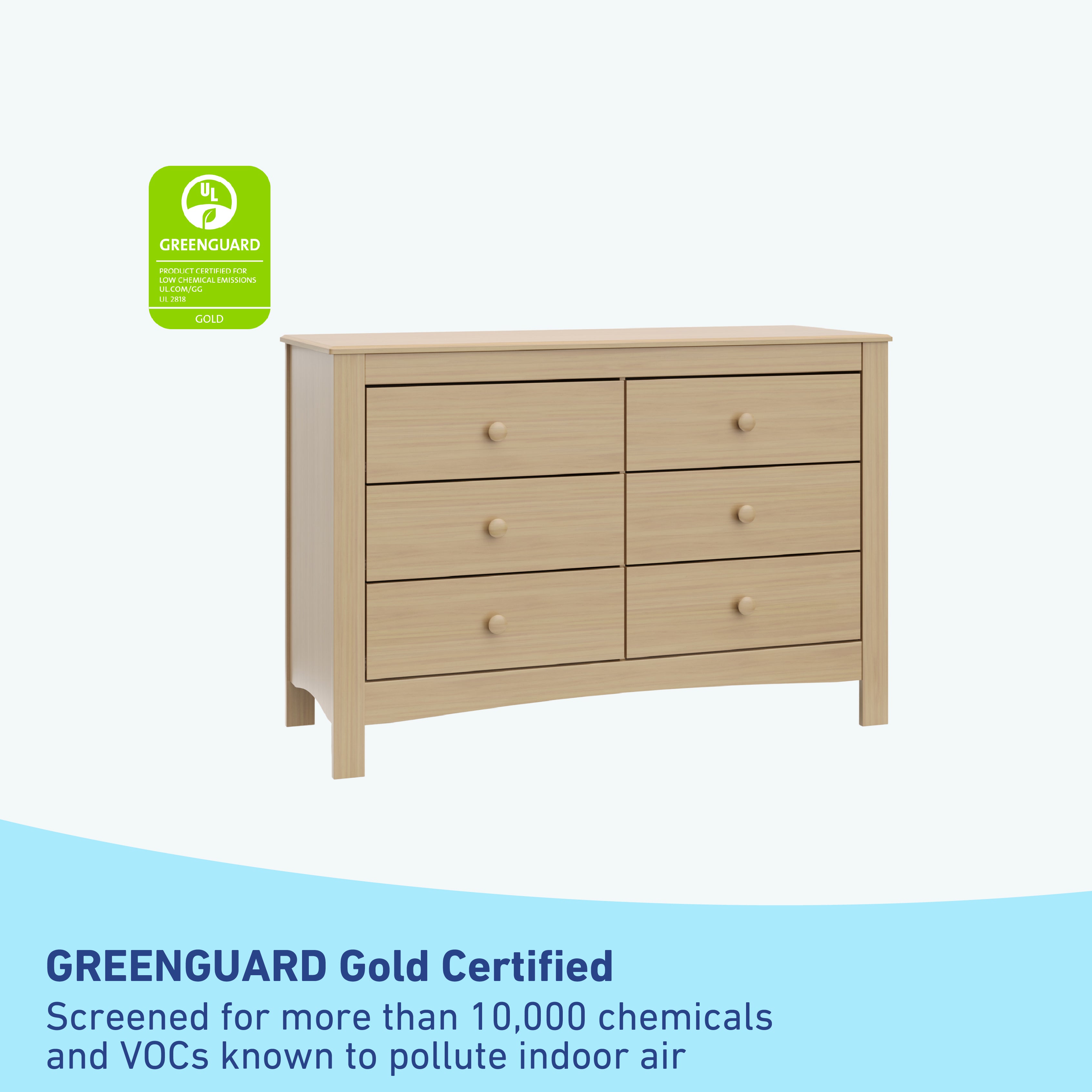 noah 6 drawer driftwood dresser GREENGUARD Gold Certified callout