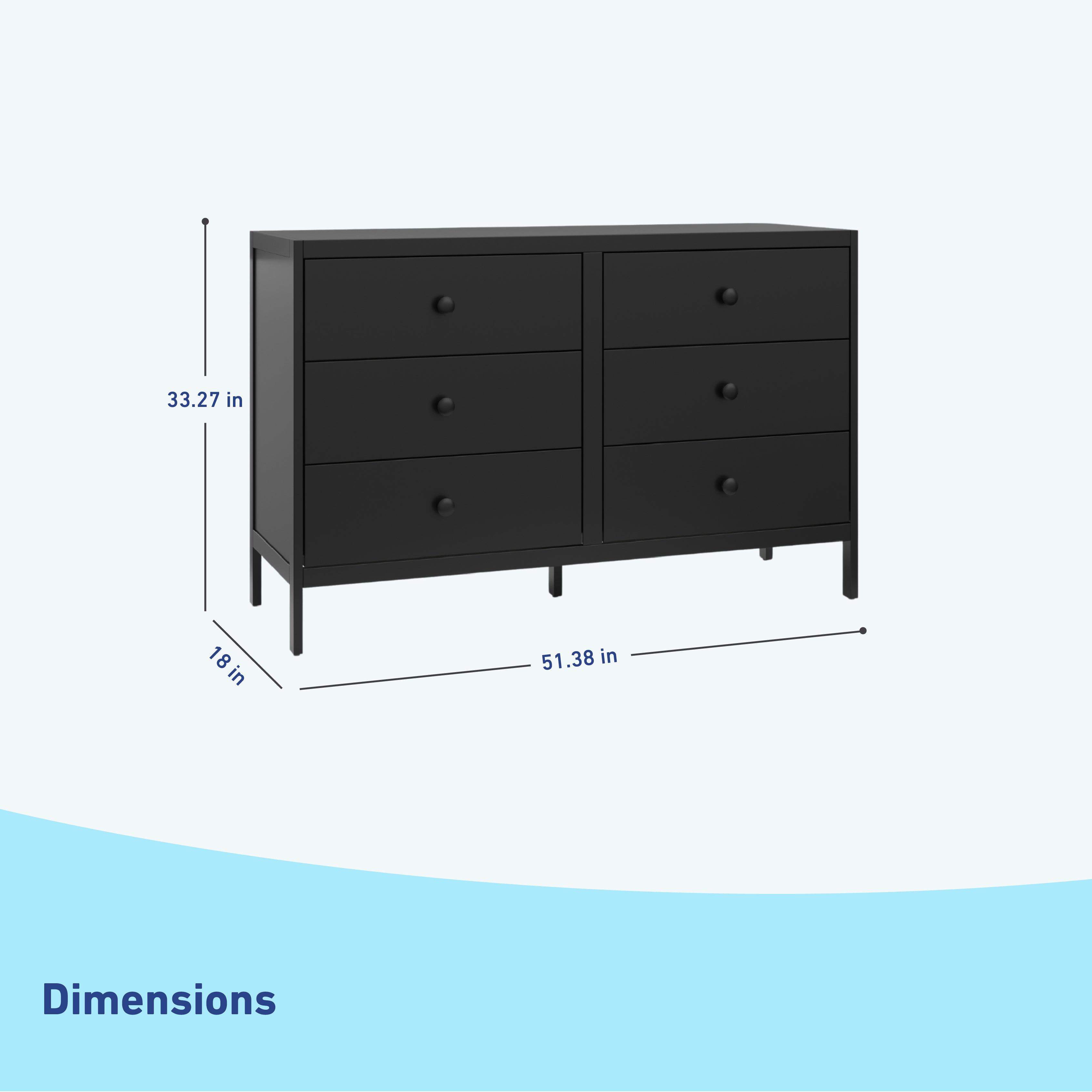 universal 6 drawer black dresser dimensions callout