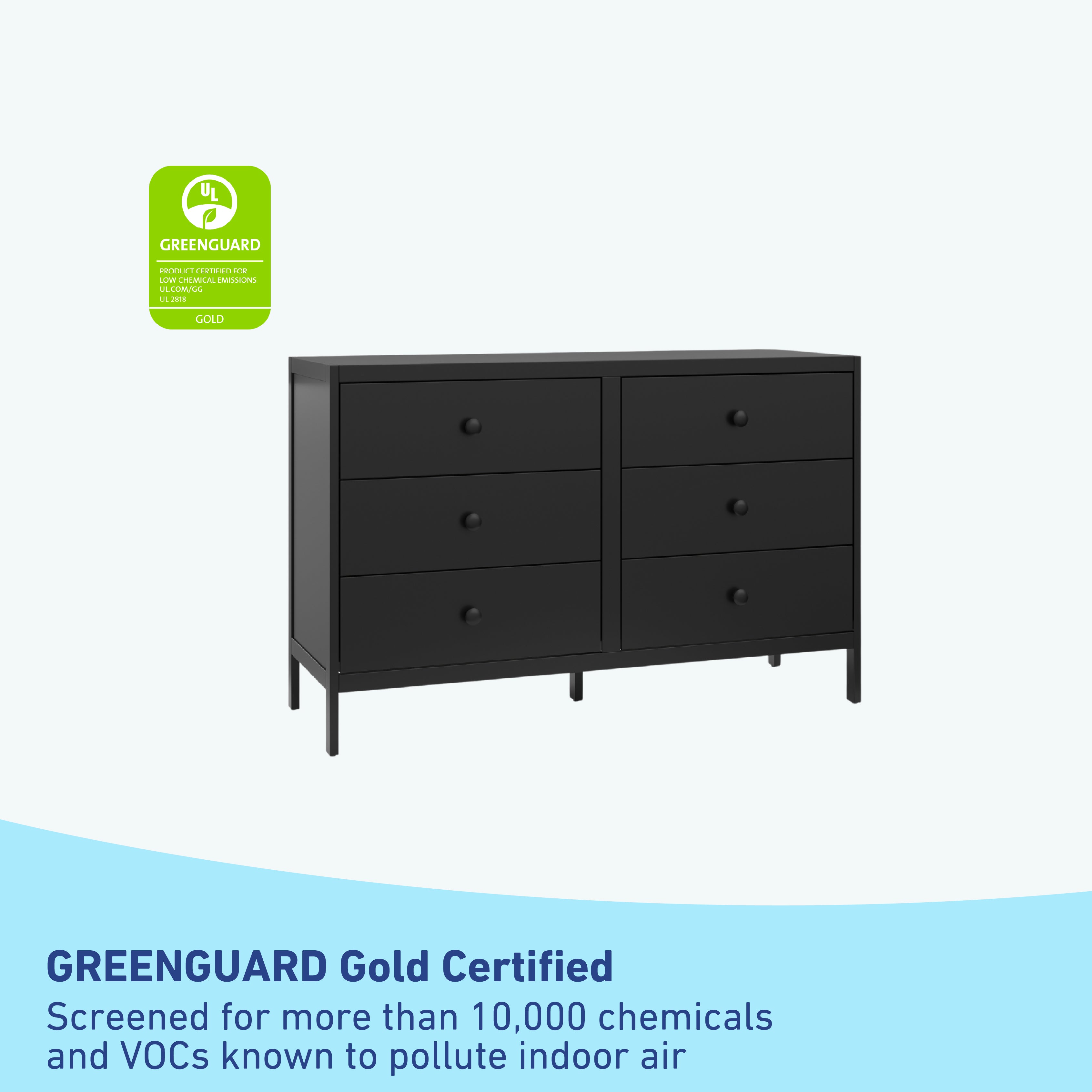 universal 6 drawer black dresser GREENGUARD Gold Certified callout