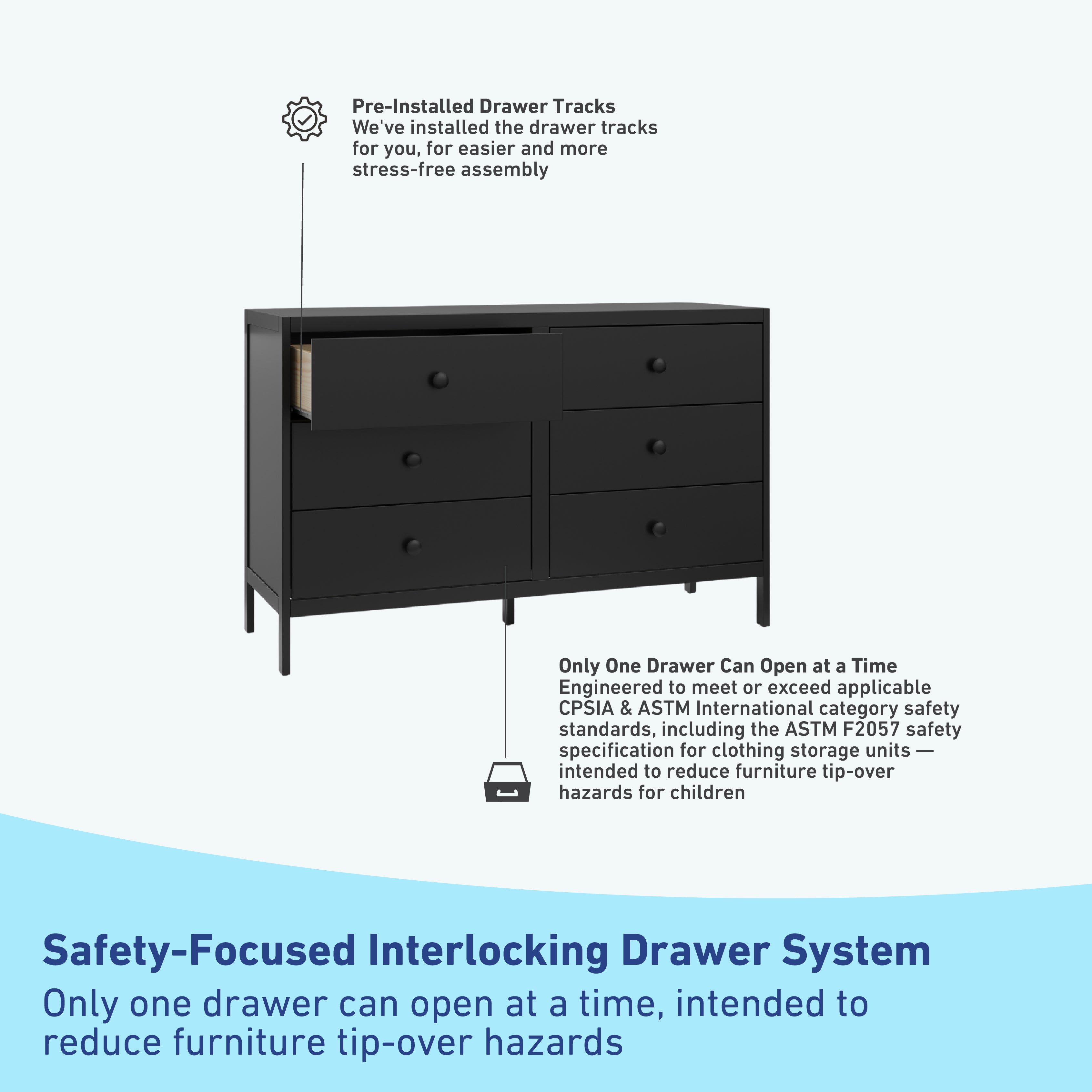 universal 6 drawer black dresser interlocking drawer callout