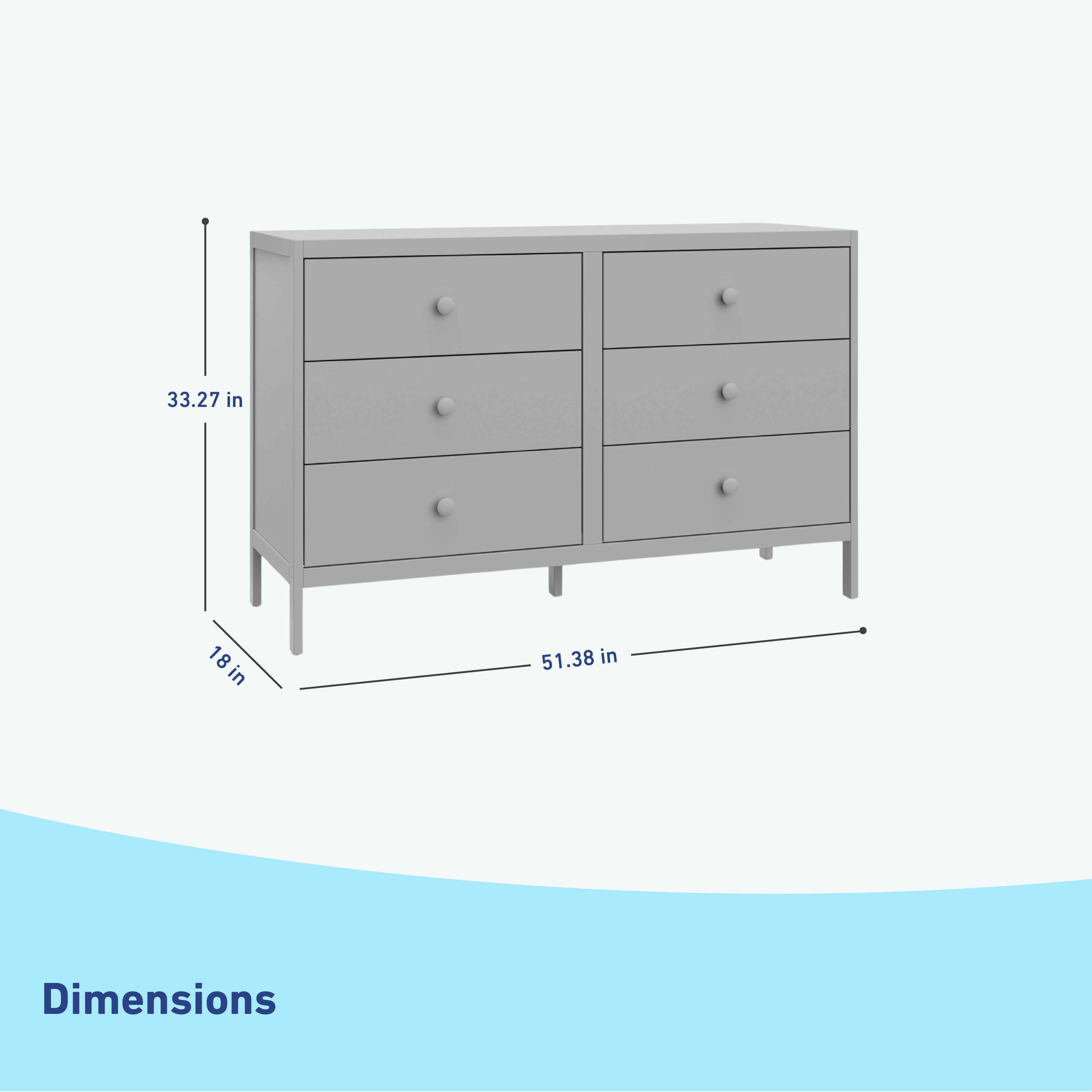 universal 6 drawer pebble gray dresser dimensions callout