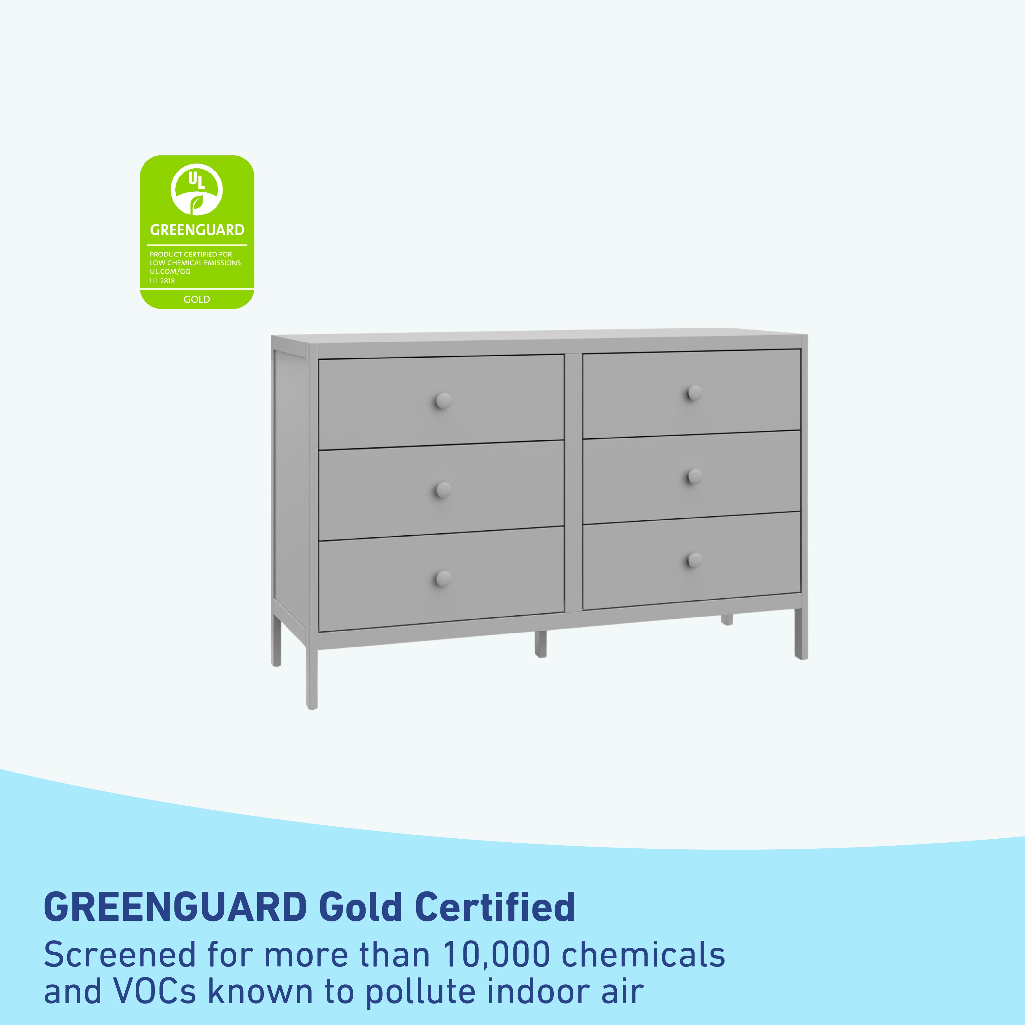 universal 6 drawer pebble gray dresser GREENGUARD Gold Certified callout
