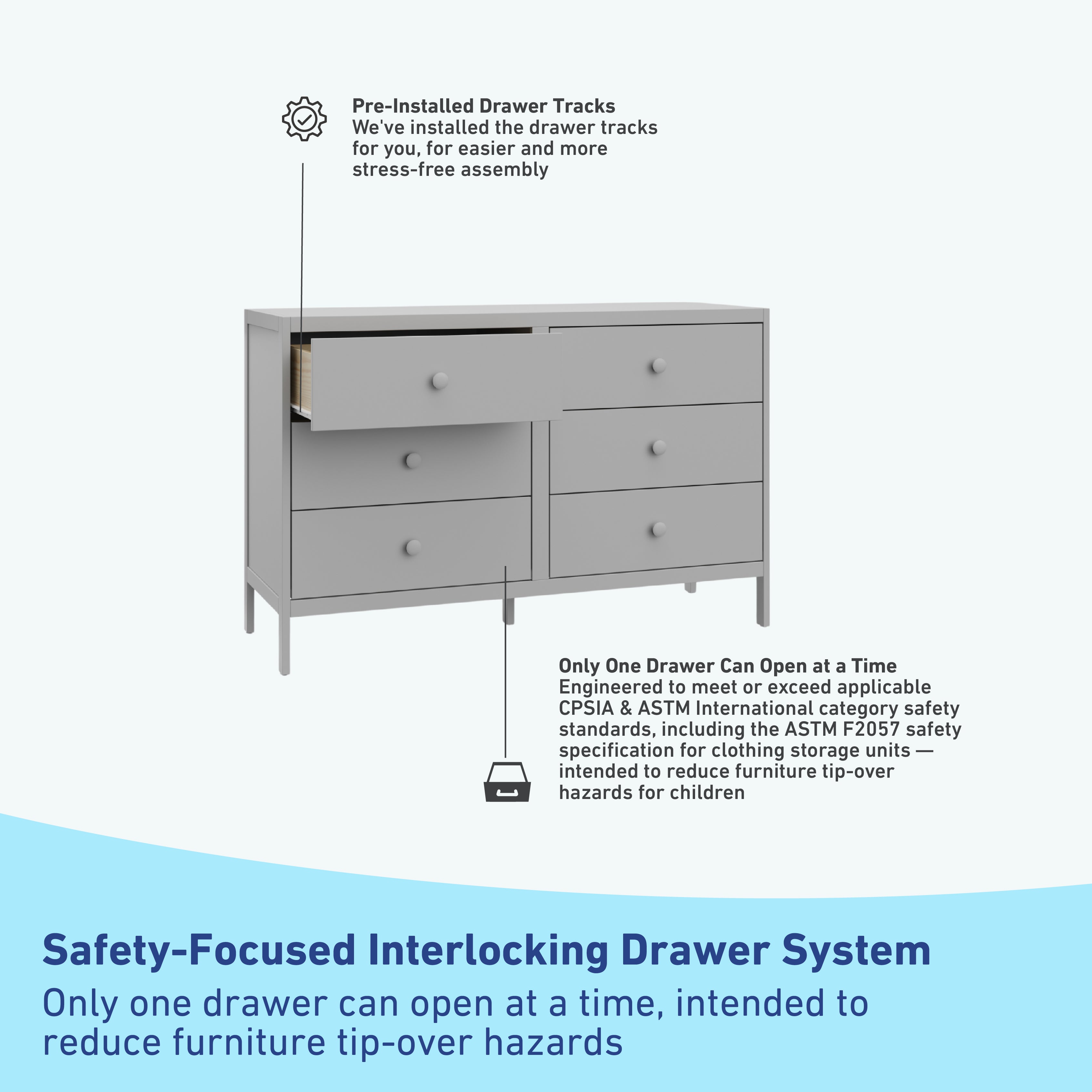 universal 6 drawer pebble gray dresser interlocking drawer callout