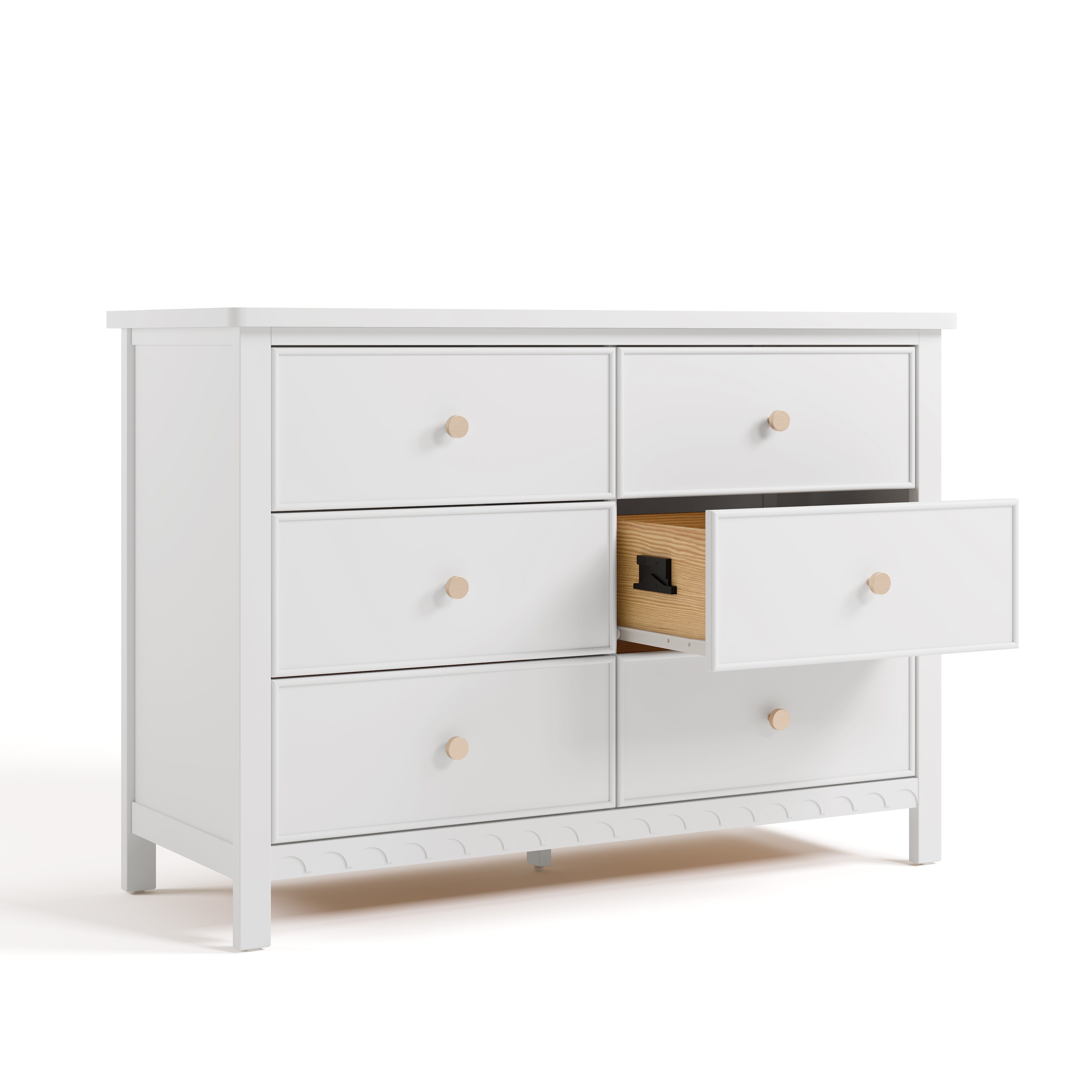 sasha 6 drawer white dresser with right middle drawer open